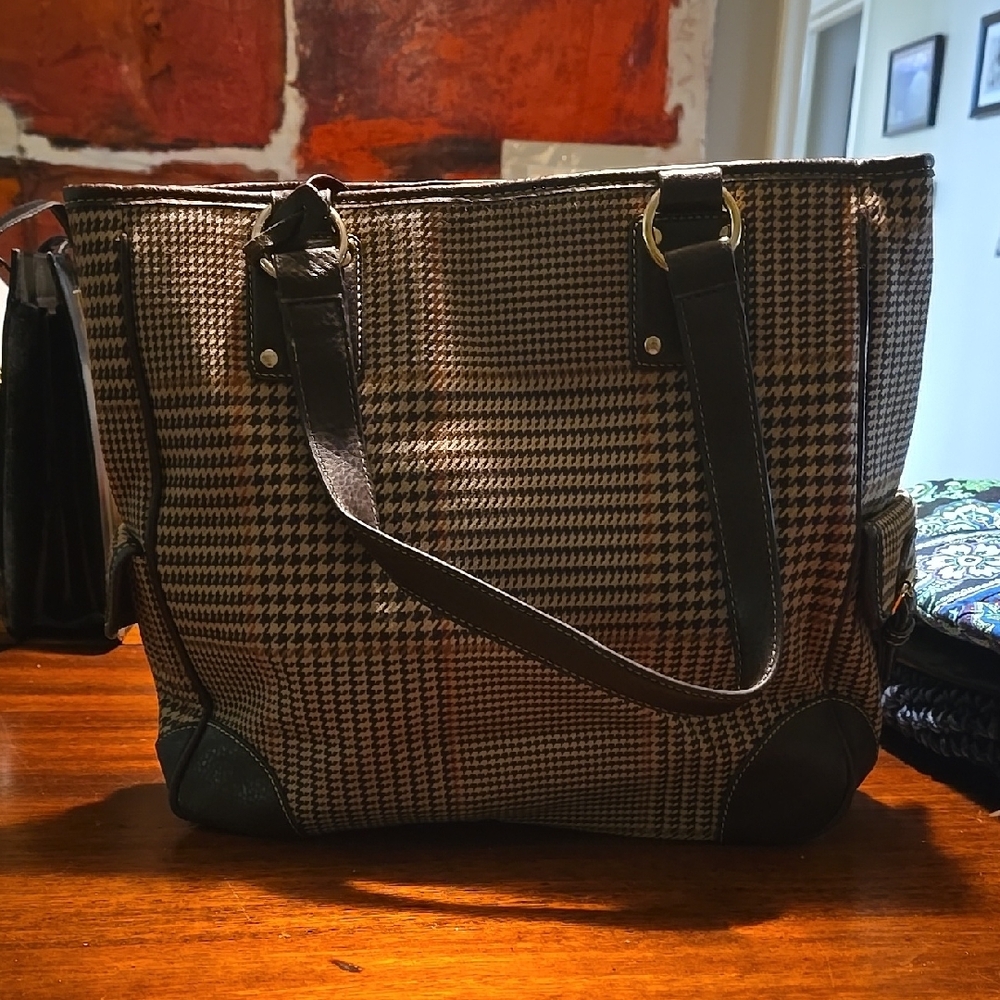 Chaps Brown and Black Tote with Structured Design
